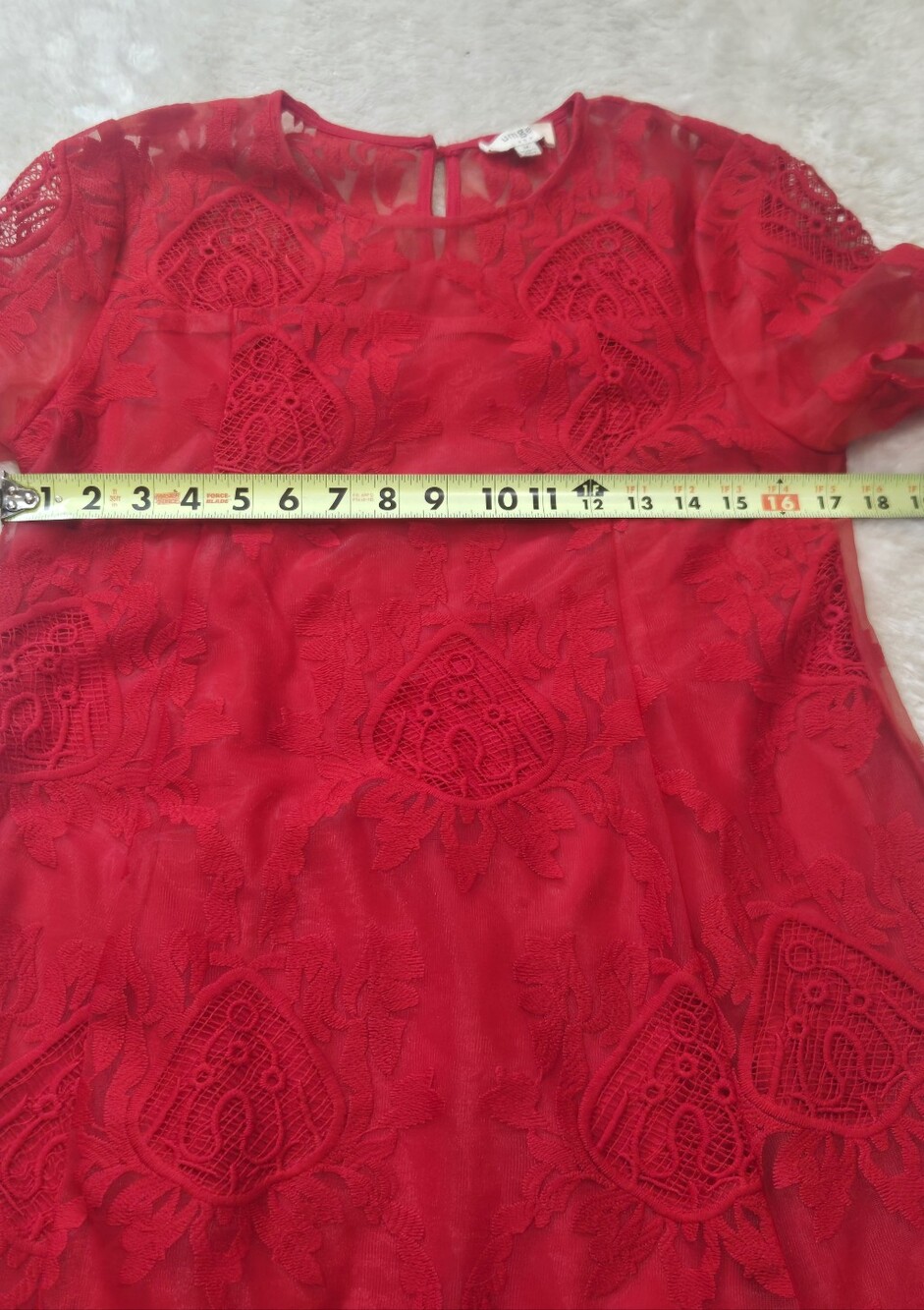UMGEE Red Lace Short Sleeve Scalloped Hem Boho Babydoll Shift Mini-Dress, M - Picture 3 of 7